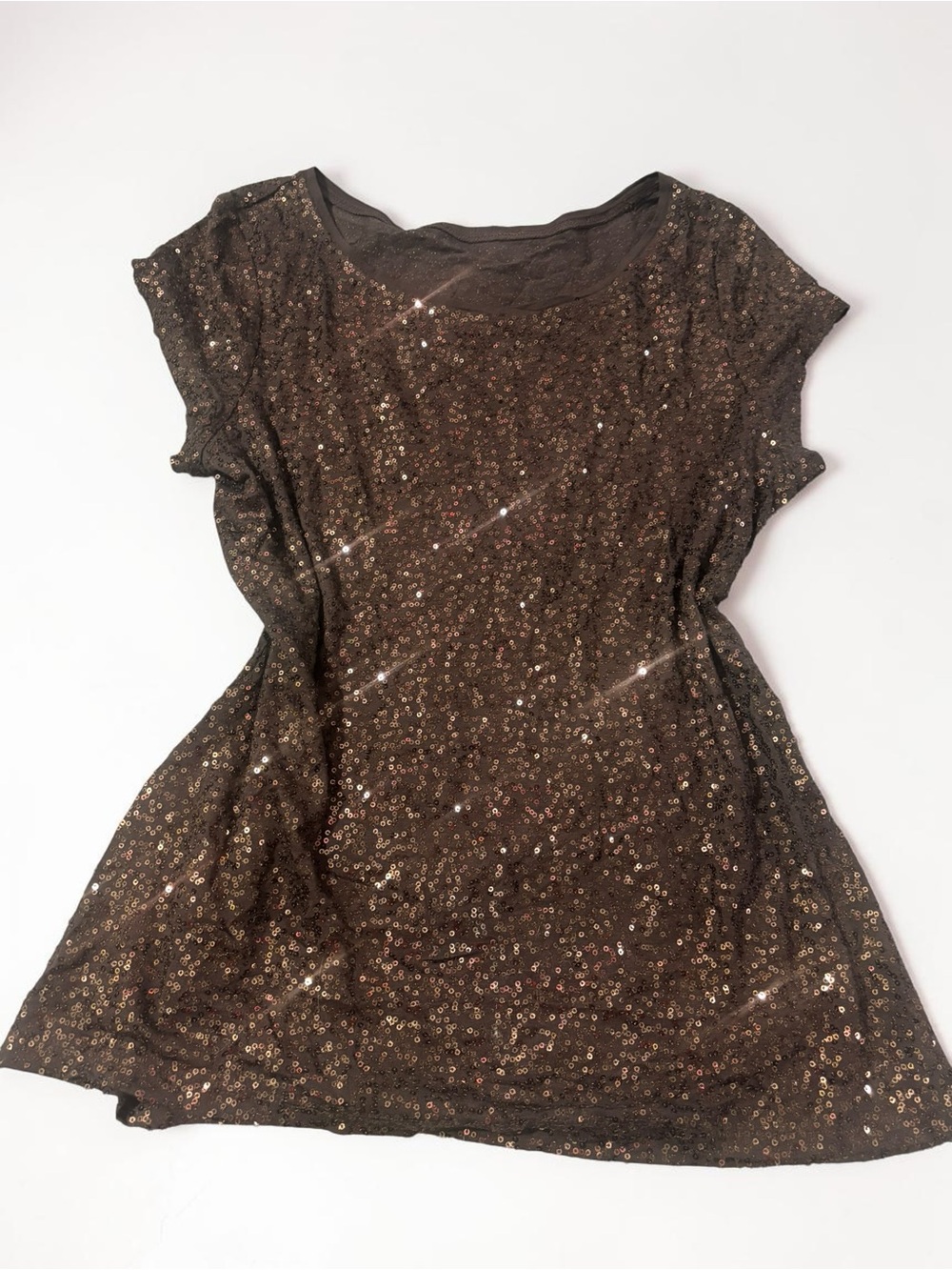 Chocolate Brown Sequin Top Y2K Noughties Glam Short Sleeve Vintage Espresso M